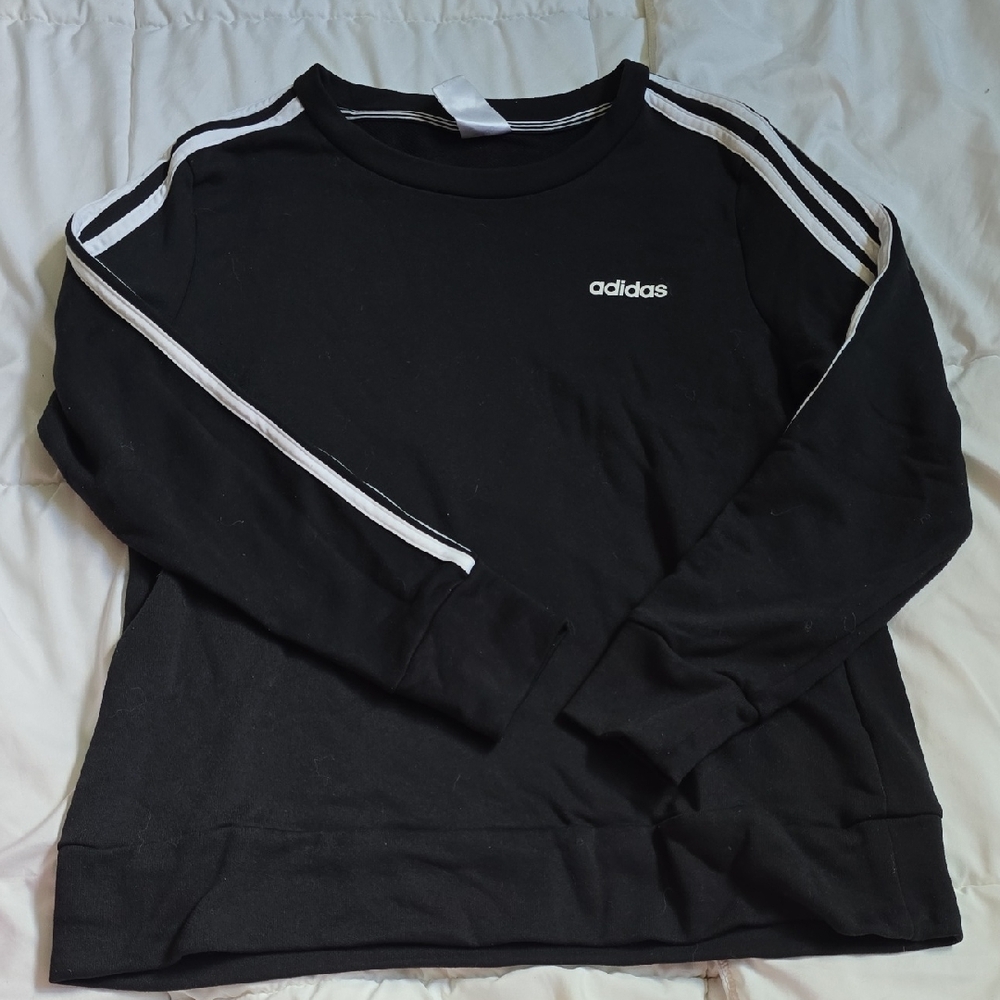 Adidas Women's Black Crewneck Sweater with White Stripes